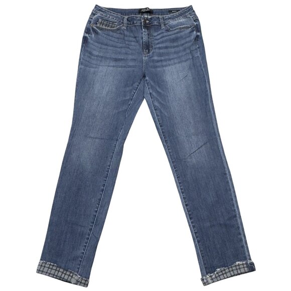 Judy Blue Womens Blue Jeans Raw Plaid Cuffs Lightly Distressed Slim Fit 13/31 - Picture 1 of 16
